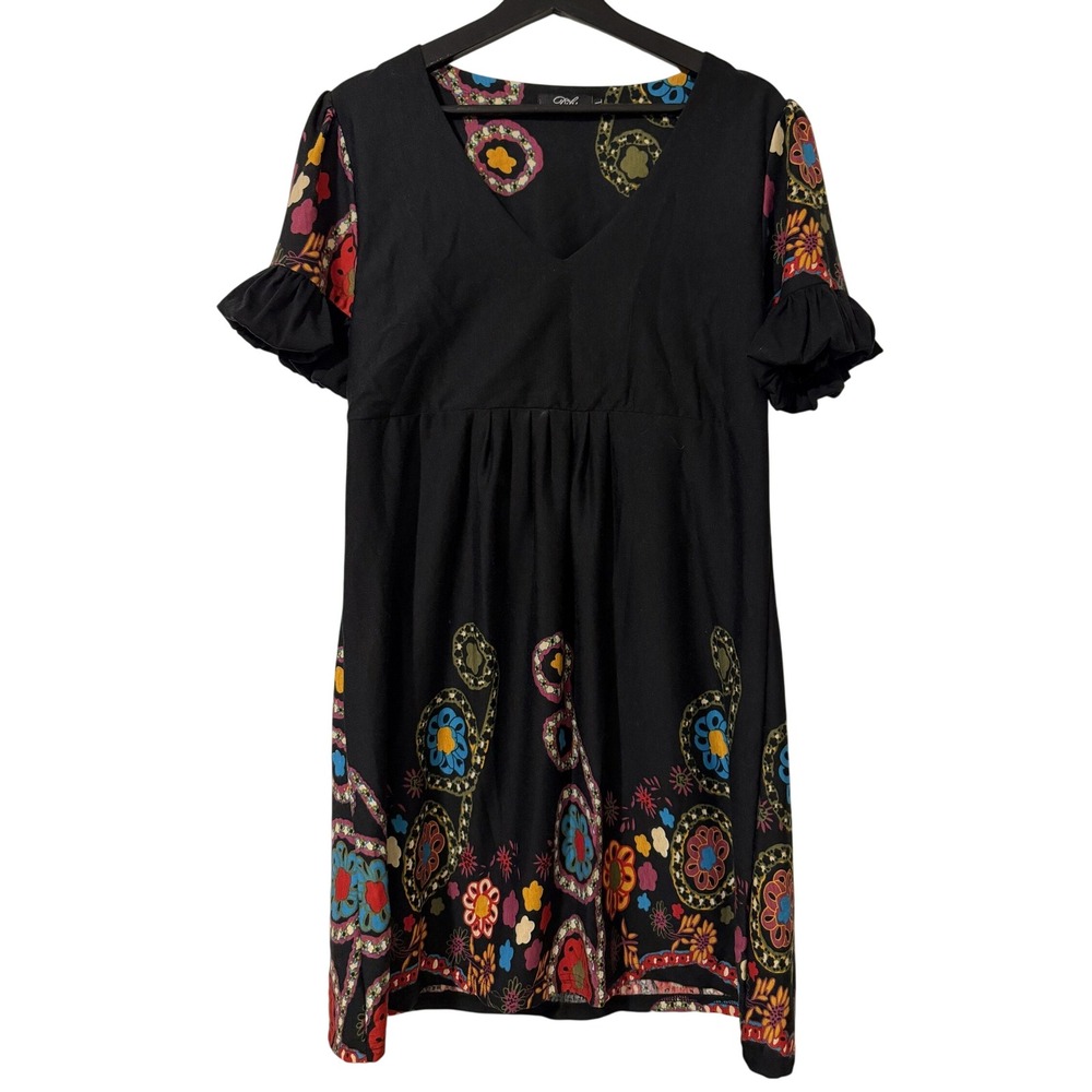 Dily For You Black Floral Paisley V-Neck Babydoll Dress XL Boho Ruffle Sleeve